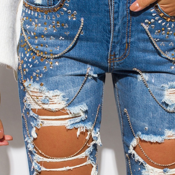DESTROYED RHINESTONE  BOHO BOYFRIEND JEANS!! - Picture 7 of 7